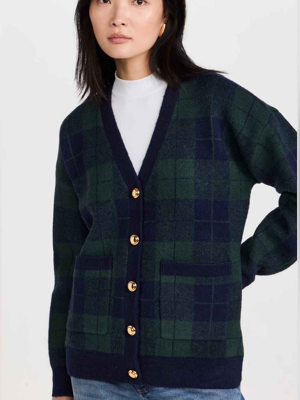 English Factory Green and Navy Plaid V-Neck Button Cardigan, Gold Buttons, Sz. L